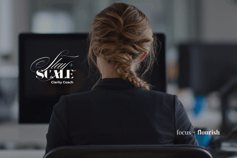 Slay + Scale Clarity Coach - ADHD woman sitting at computer working with Slay and Scale Clarity Coach to help her follow through with execution.